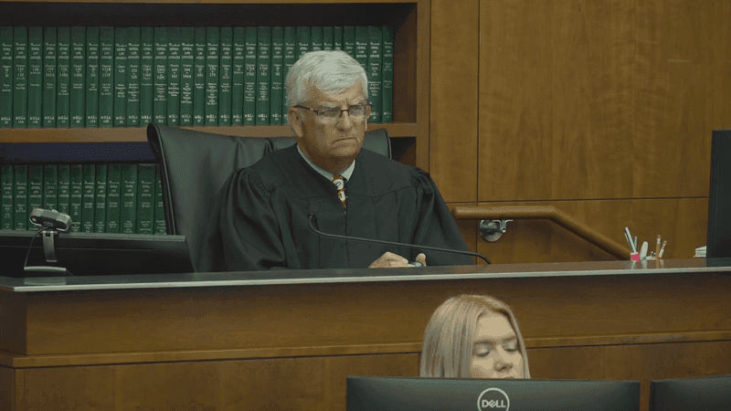 Judge William Sullivan is shown at the murder trial of Lindsay Clancy in Plymouth Superior Court in Plymouth, Mass., Tuesday, Aug. 11, 2026. (WJAR/Pool)