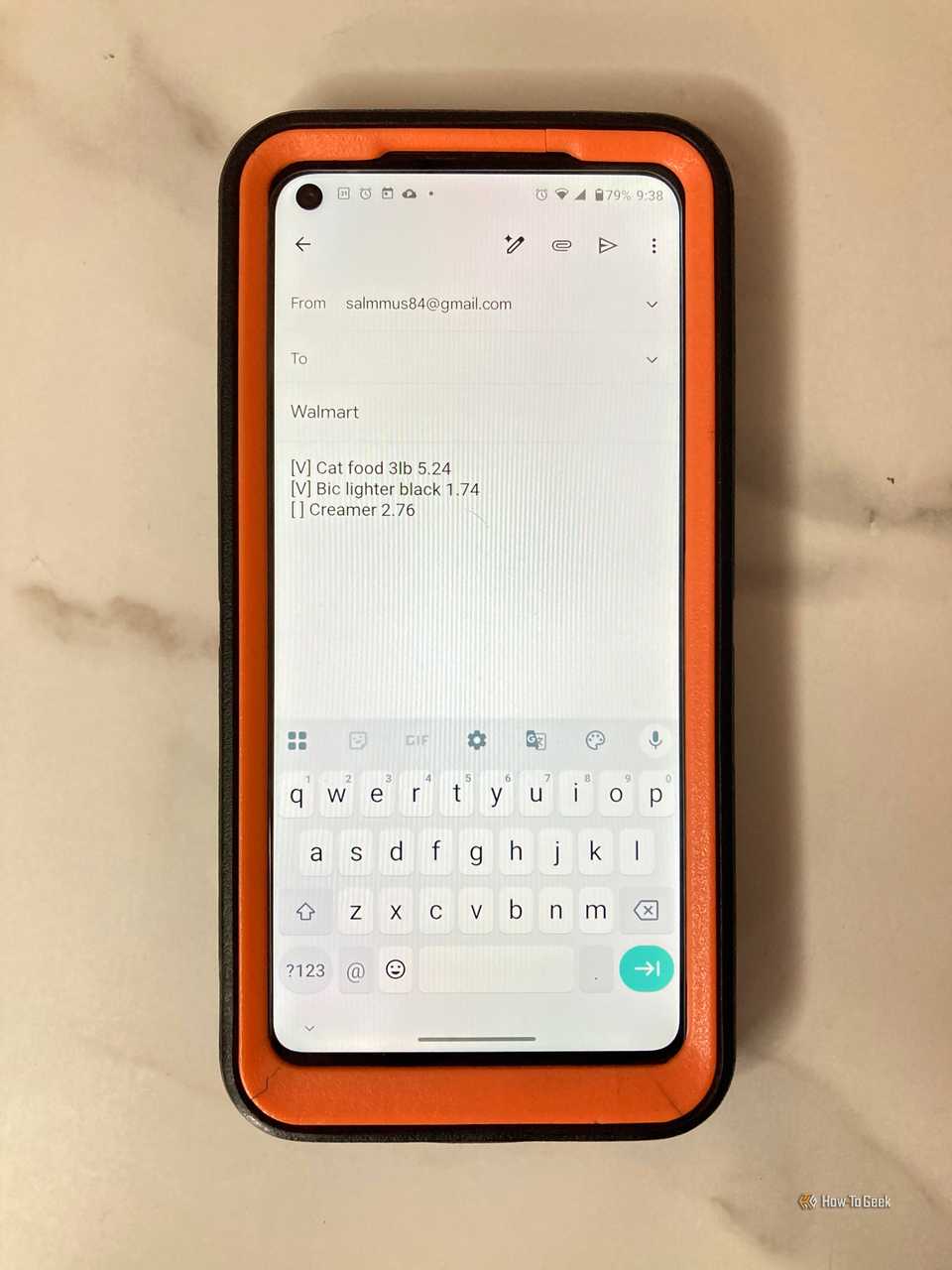 ColorNote app displaying the Gmail share option for a checklist