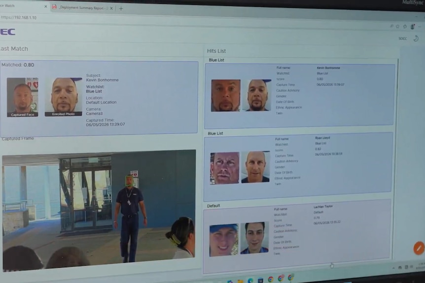 A close up of a computer screen that shows what the camera sees and people's names and photos it finds as a match.