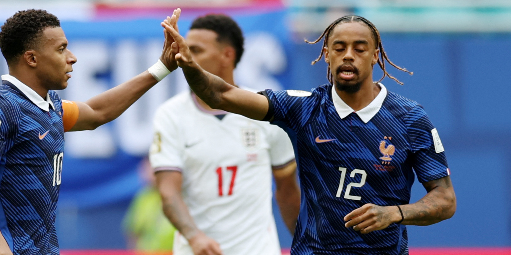Bradley Barcola (France) celebrates after scoring vs England