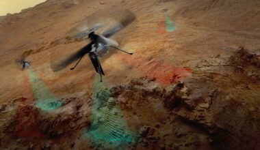 An artist’s concept depicts the three SkyFall Mars helicopters collecting data while flying over the surface of the Red Planet. Credit: NASA/JPL-Caltech