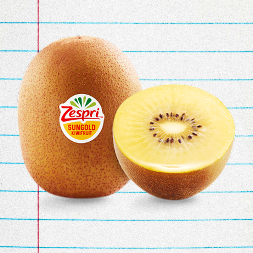 Sungold kiwifruit with a label, whole fruit beside a halved fruit, showcasing the golden flesh and seeds. Sungold kiwifruit with a label, whole fruit beside a halved fruit, showcasing the golden flesh and seeds.