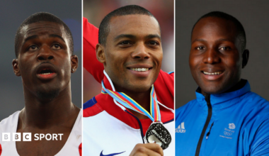 A composition image featuring former British athletes Leon Baptiste, William Sharman, and Lamin Deen