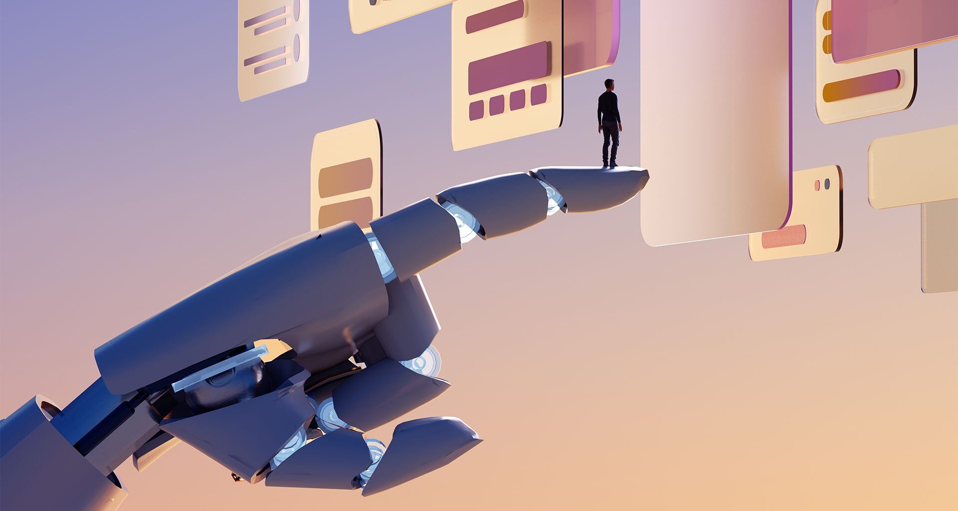 AI training concept image showing a robotic hand with human silhouette standing on finger tip while looking at digital interfaces.