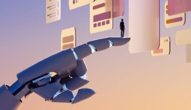 AI training concept image showing a robotic hand with human silhouette standing on finger tip while looking at digital interfaces.