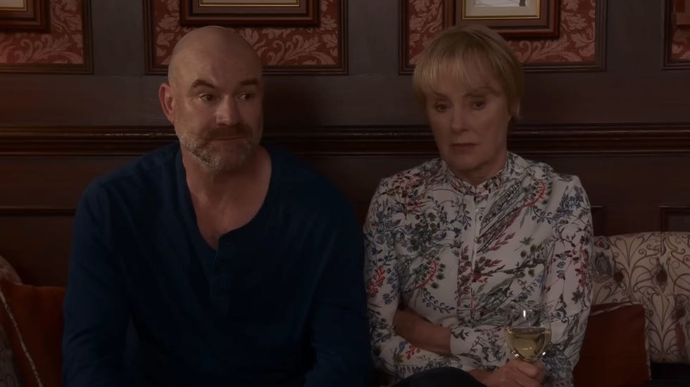 Coronation Street, Tim and Sally Metcalfe coronation street, tim and sally metcalfe sitting in the pub, with sally holding a glass of white wine