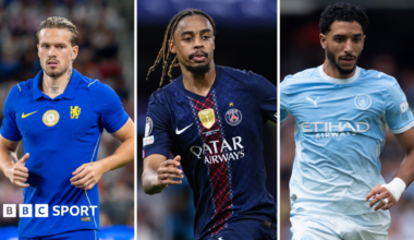 Split image showing Mykhailo Mudryk, Bradley Barcola and Omar Marmoush playing for Chelsea, Paris St-Germain and Manchester City, respectively