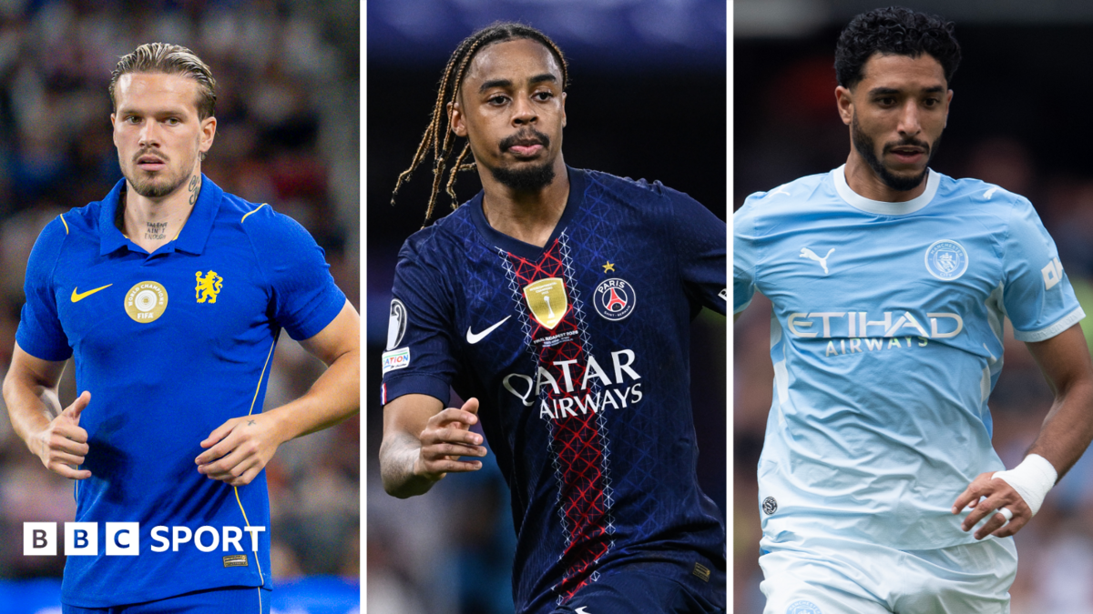 Split image showing Mykhailo Mudryk, Bradley Barcola and Omar Marmoush playing for Chelsea, Paris St-Germain and Manchester City, respectively