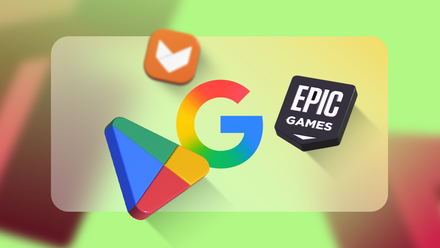 Floating 3D logos of Google, Google Play, Epic Games, and Aptoide on a light green background.