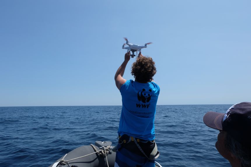 A World Wildlife Fund (WWF) scientist prepares to release a drone in the Mediterranean Sea, 2019. Current ocean sampling methods can be expensive, argued Zufferey.