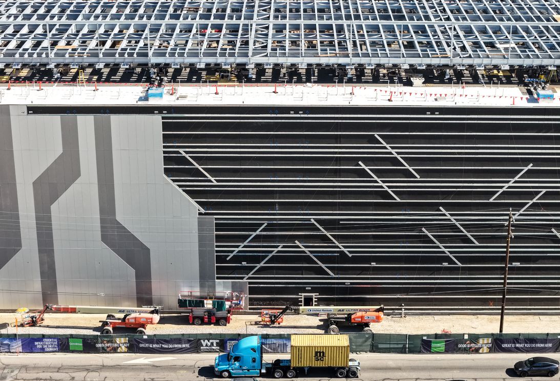 An aerial view of a 49.5 megawatt three-level data center under construction on July 8, 2026 in Vernon, California. A surge in demand for artificial intelligence (AI) infrastructure is fueling a boom in data centers across the country and around the globe.