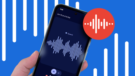 Hand holding a Google Pixel showing the Recorder app with a speech waveform.