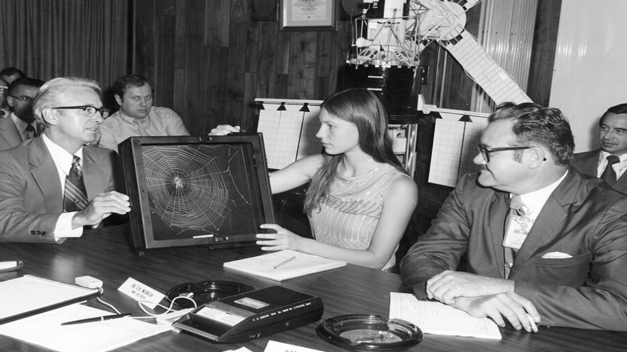 Judith Miles discussing her Skylab spiderweb experiment. Credits - WIkimedia Commons image (88)