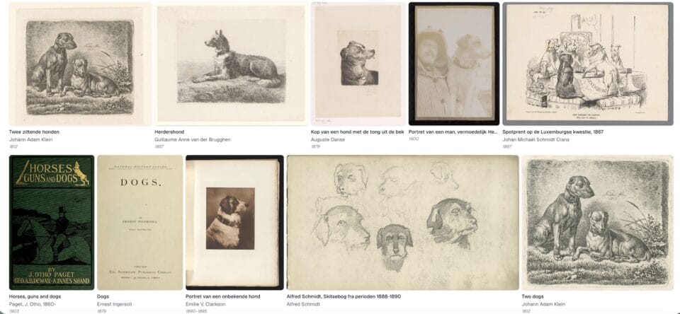 a screenshot of a search on The Last Museum for artworks in museum collections relating to dogs