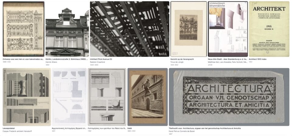 a screenshot of a search on The Last Museum for artworks in museum collections relating to architecture