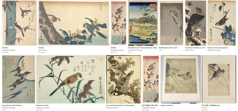 a screenshot of a search on The Last Museum for artworks in museum collections relating to Japanese woodblock prints of birds