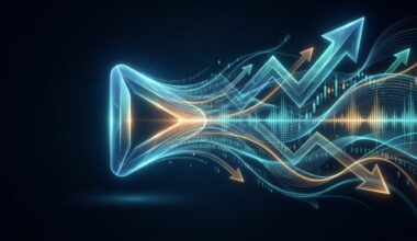 Abstract illustration of a streaming play button dissolving into rising and falling market arrows and data