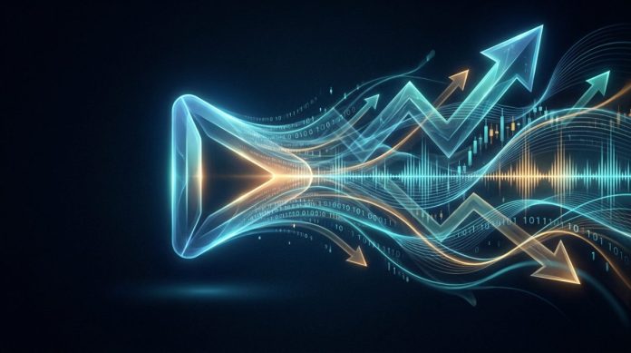Abstract illustration of a streaming play button dissolving into rising and falling market arrows and data