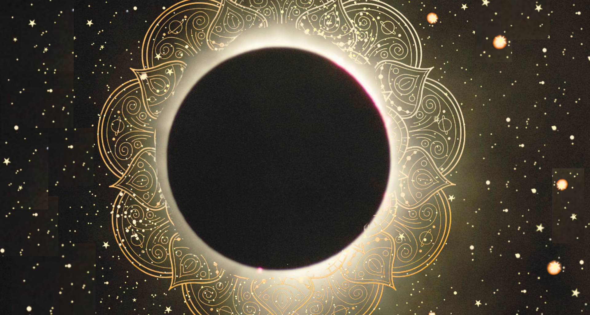 Solar eclipse and new Moon in Leo against a backdrop of a mandala.