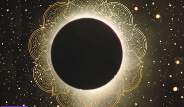 Solar eclipse and new Moon in Leo against a backdrop of a mandala.