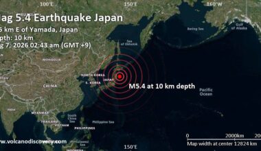 Strong Mag. 5.4 Earthquake - North Pacific Ocean, 214 km East of Morioka, Iwate, Japan, on Friday, Aug 7, 2026, at 02:43 am (GMT +9)