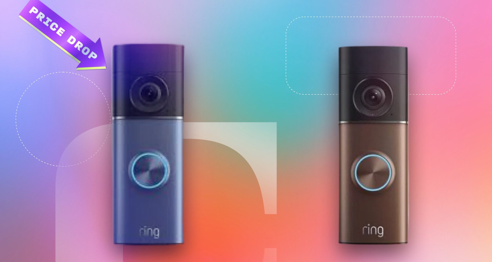 Two Ring doorbells with price drop sticker on a CNET background.