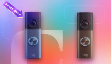 Two Ring doorbells with price drop sticker on a CNET background.