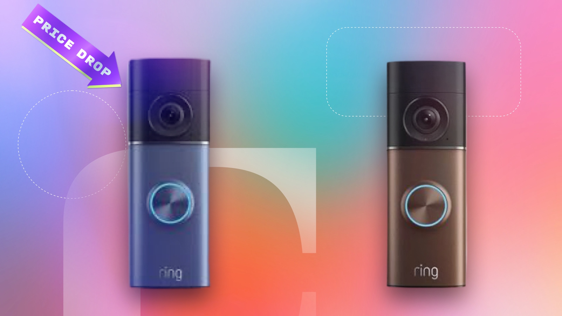 Two Ring doorbells with price drop sticker on a CNET background.