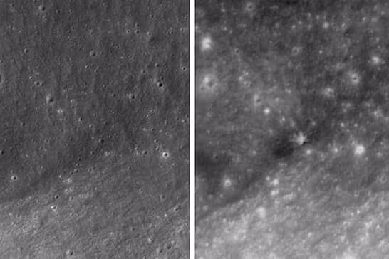 This combination of images provided by Nasa and the Korea Aerospace Research Institute shows, left, an area of the Moon's surface before October 1 2015, and, right, after August 5 2026 when a SpaceX rocket segment collided with the Moon 