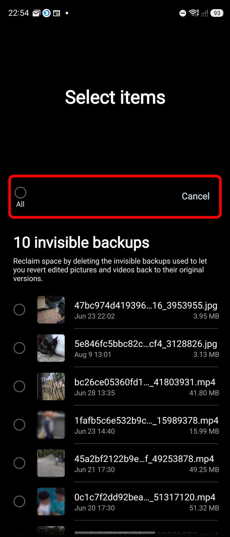 The all button highlighted in Invisible backup or pre-edit versions section on Manage storage in One UI