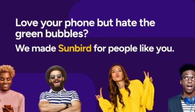 Sunbird messaging ad shows happy people underneath white text on a blue background.