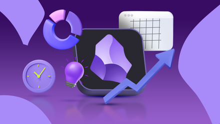 The Obsidian logo surrounded by productivity icons, including a clock, a chart, a pie graph, a lightbulb, and an upward arrow