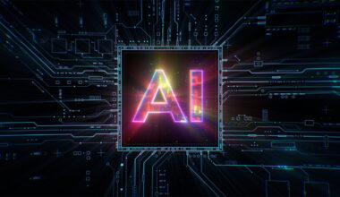 A circuit with a chip in the middle with glowing letters A I on it.