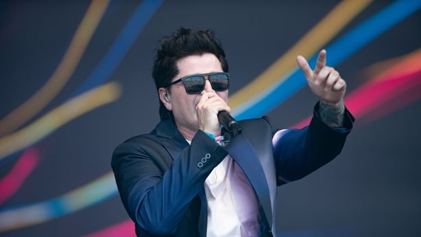 GLASTONBURY, ENGLAND - JUNE 28: Danny O'Donoghue of the Script performs during day four of Glastonbury festival 2025 at Worthy Farm, Pilton on June 28, 2025 in Glastonbury, England. Established by Michael Eavis in 1970, Glastonbury has grown into the UK's largest music festival, drawing over 200,000