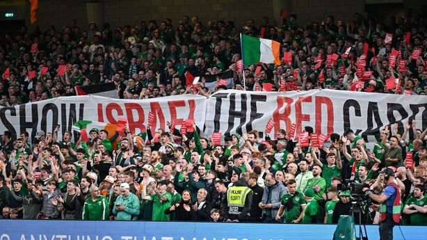 6 September 2025; Republic of Ireland supporters make their feelings know as they protest against Israel before the FIFA World Cup 2026 Group F qualifying match between Republic of Ireland and Hungary at the Aviva Stadium in Dublin. Photo by David Fitzgerald/Sportsfile