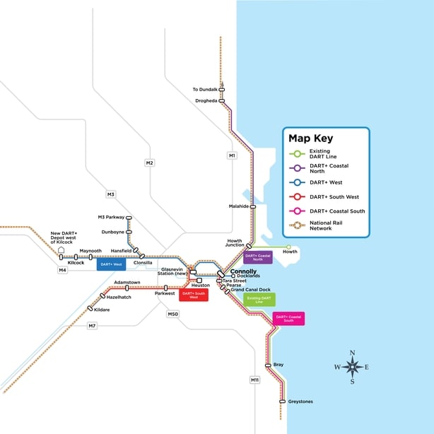 Planned new DART network map extending to Kilcock, Co Kildare