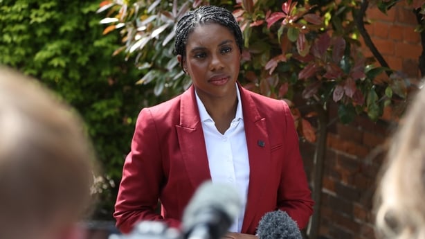 Conservative Leader Kemi Badenoch speaks to the media during a campaign visit to the High Street