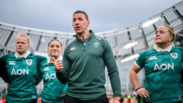 Ireland head coach Scott Bemand, centre, speaks to players after their side's victory in the Women's 6 Nations Rugby Championship match between Ireland and Scotland at the Aviva Stadium in Dublin.