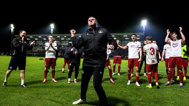 6 February 2026; Drogheda United manager Kevin Doherty celebrates after his side's victory in the SSE Airtricity Men's Premier Division match between Galway United and Drogheda United at Eamonn Deacy Park in Galway. Photo by Thomas Flinkow/Sportsfile