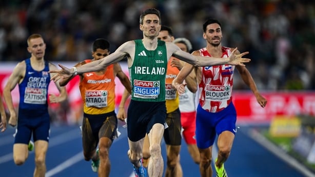 13 August 2026; Mark English of Ireland celebrates after finishing first with time 1:45.26 and winning the gold medal in the men's 800m final during day four of the European Athletics Championships 2026 at Alexander Stadium in Birmingham, England. Photo by Sam Barnes/Sportsfile
