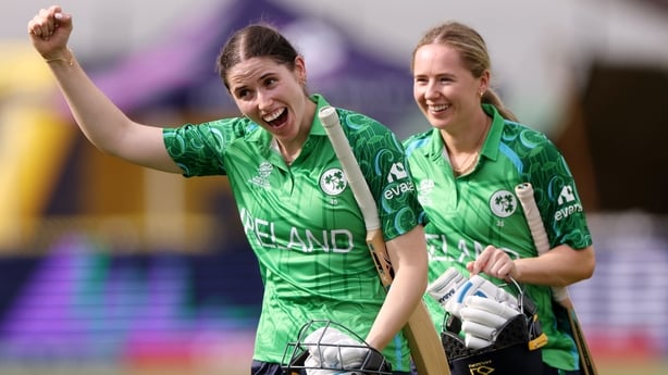 BRISTOL, ENGLAND - JUNE 27: Rebecca Stokell and Louise Little of Ireland celebrates victory during the ICC Women's T20 World Cup England & Wales 2026 match between West Indies and Ireland at Bristol County Ground on June 27, 2026 in Bristol, England. (Photo by Jack Thomas/Getty Images)