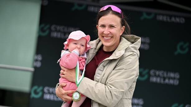 Olympic medallist in sailing, Annalise Murphy with her daughter Juliette, age 5 months and the gold medal after she won the Brompton race during the National Criterium Championships in Dublin.