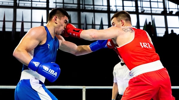 1 March 2025; Jack Marley of Ireland, right, in action against Khabibullaev Turabek of Uzbekistan during their 92kg semi-final bout at the 76th International Boxing Tournament Strandja semi-finals at Sofia Sports Hall in Sofia, Bulgaria. Photo by Nikola Krstic/Sportsfile
