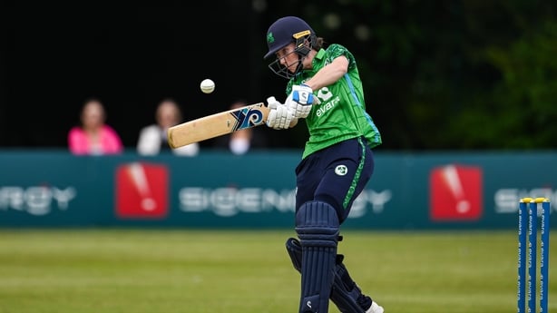 1 June 2025; Ireland batter Orla Prendergast bats during the Evara T20 International Tri-Series match between Ireland and the West Indies at Clontarf Cricket Club in Dublin. Photo by Sam Barnes/Sportsfile