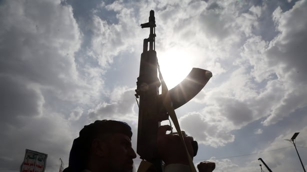 SANA'A, YEMEN - JULY 17: Yemeni protesters brandish weapons as they take part in a protest held to send a message of defiance against the continued siege and any military escalation involving Saudi forces against Houthi-controlled northern Yemen on July 17, 2026 in Sana'a, Yemen. Yemen's Houthi grou