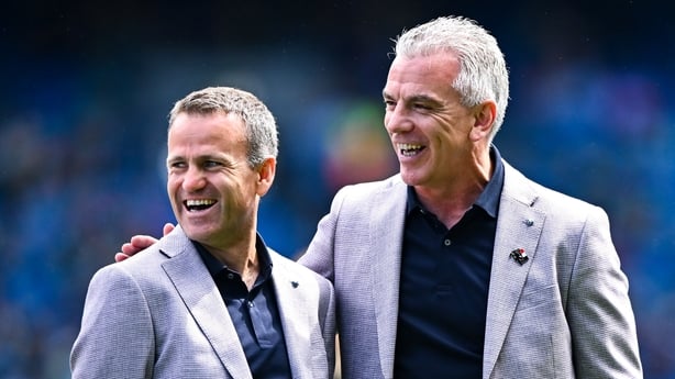 26 July 2026; Derek Savage, left, and Pádraic Joyce of the 2001 Galway All-Ireland winning team as the Jubilee team were introduced to the crowd before the GAA Football All-Ireland Senior Championship final match between Kerry and Mayo at Croke Park in Dublin. Photo by Piaras Ó Mídheach/Sportsfile