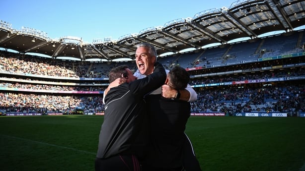 29 June 2024; Galway manager Pádraic Joyce celebrates with selector John Concannon, left, and Cian Breathnach McGinn, Strength and Conditioning Coach, right, after their side's victory in the GAA Football All-Ireland Senior Championship quarter-final match between Dublin and Galway at Croke Park in