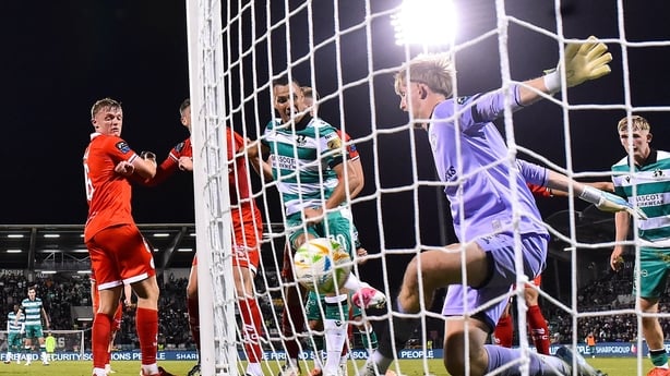 4 September 2026; Shelbourne goalkeeper Eddie Beach saves the shot on goal of Graham Burke of Shamrock Rovers during the SSE Airtricity Men's Premier Division match between Shamrock Rovers and Shelbourne at Tallaght Stadium in Dublin. Photo by Ben McShane/Sportsfile