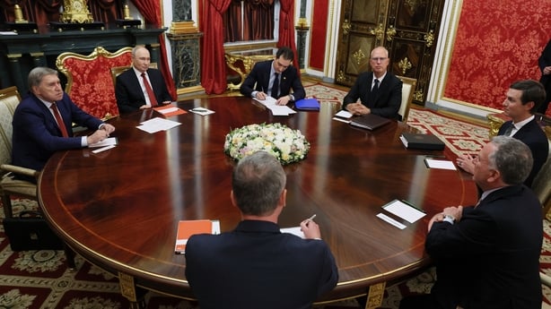 Russia's President Vladimir Putin (2nd L), Kremlin foreign policy aide Yuri Ushakov (L) and Russia's presidential envoy Kirill Dmitriev (4th L) attend a meeting with US special envoy Steve Witkoff (R) and US President Donald Trump's son-in-law Jared Kushner (2nd R) in Moscow