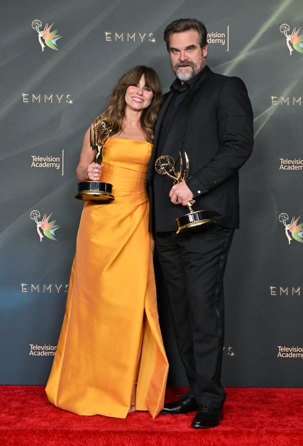 Linda Cardellini and David Harbour, winners of Outstanding Supporting Actress and Actor in a Limited or Anthology Series or Movie for DTF St Louis at the 78th Emmy Awards at the Peacock Theater in Los Angeles on 6 September, 2026. (Photo by LISA O'CONNOR/AFP)